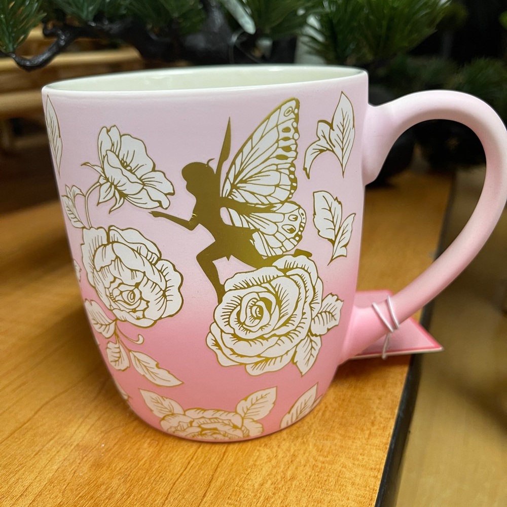 Pastel Pink & Gold Rose & Butterfly Fairy  Matte Soft Touch Fancy Coffee Mug NWT